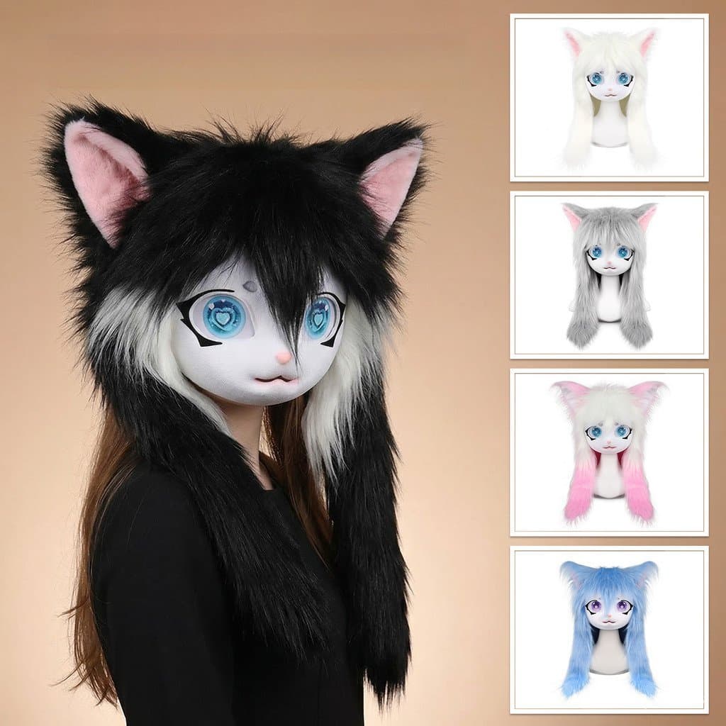 Produto acabado de fantasia peluda, touca vestível estilo kig, orelhas de gato fofas e peludas estilo Lolita, cabeça de