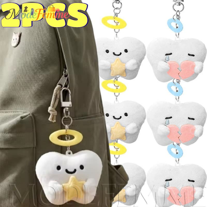 [À Venda] 1-2 Unidades De Chaveiros De Dente De Pelúcia-Presentes Para Amigos-Chaveiro Com Pingente De Boneca Asas Fofo-