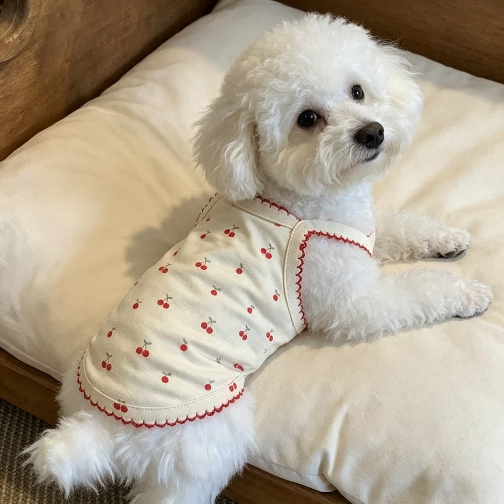 Moda Cereja Padrão Cão Estilingue Colete Macio Pet Camiseta Borda De Renda Roupas De Cachorro Pequenos Cães Casa Wear