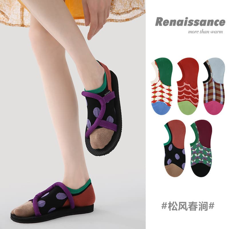 Renaissance 5 pares de meias femininas listradas meias barco antiderrapantes antiderrapantes meias invisíveis