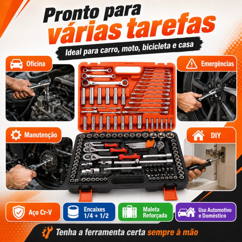 Kit Ferramentas 108 Peças CR-V com Soquetes e Chaves | Para Uso Doméstico, Automotivo e Profissional
