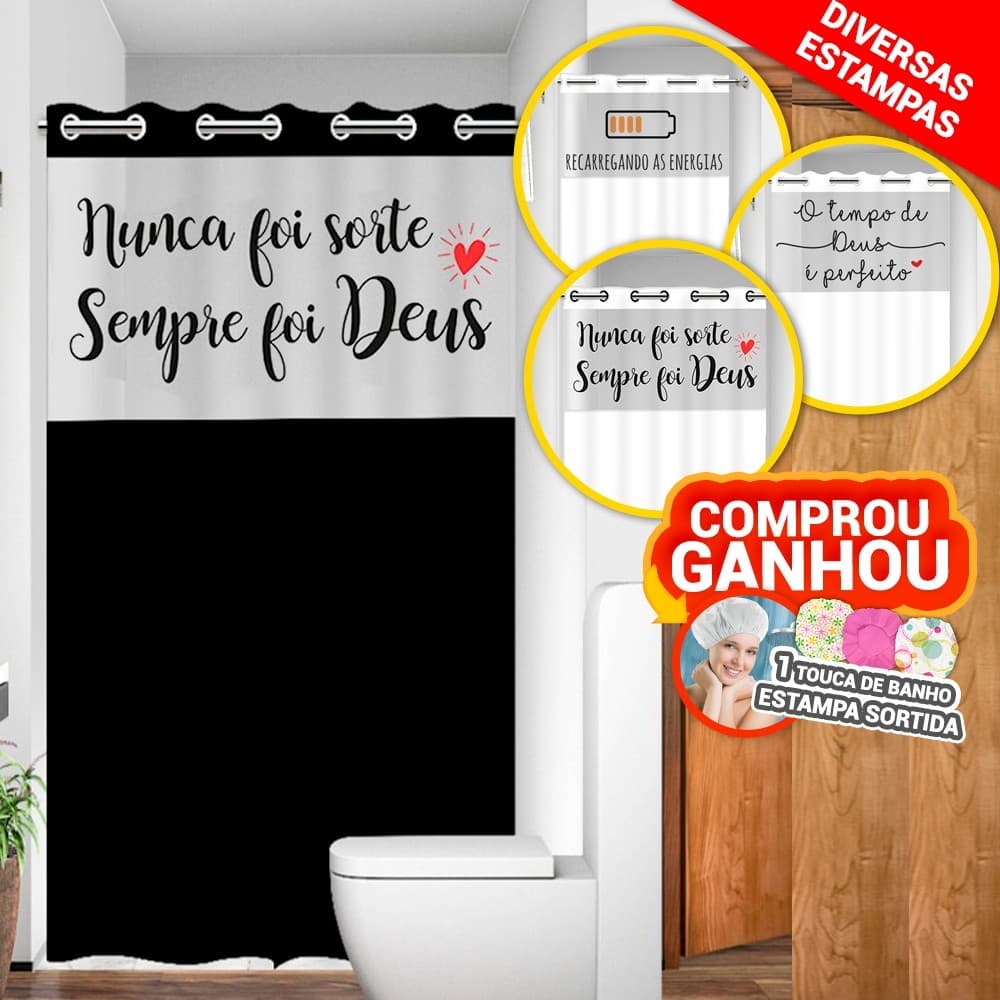 Cortina Box Banheiro Visor C/ Frases Ilhós AntiMofo Alta Qualidade Moderna PV Grátis 3 Tocas de Banho