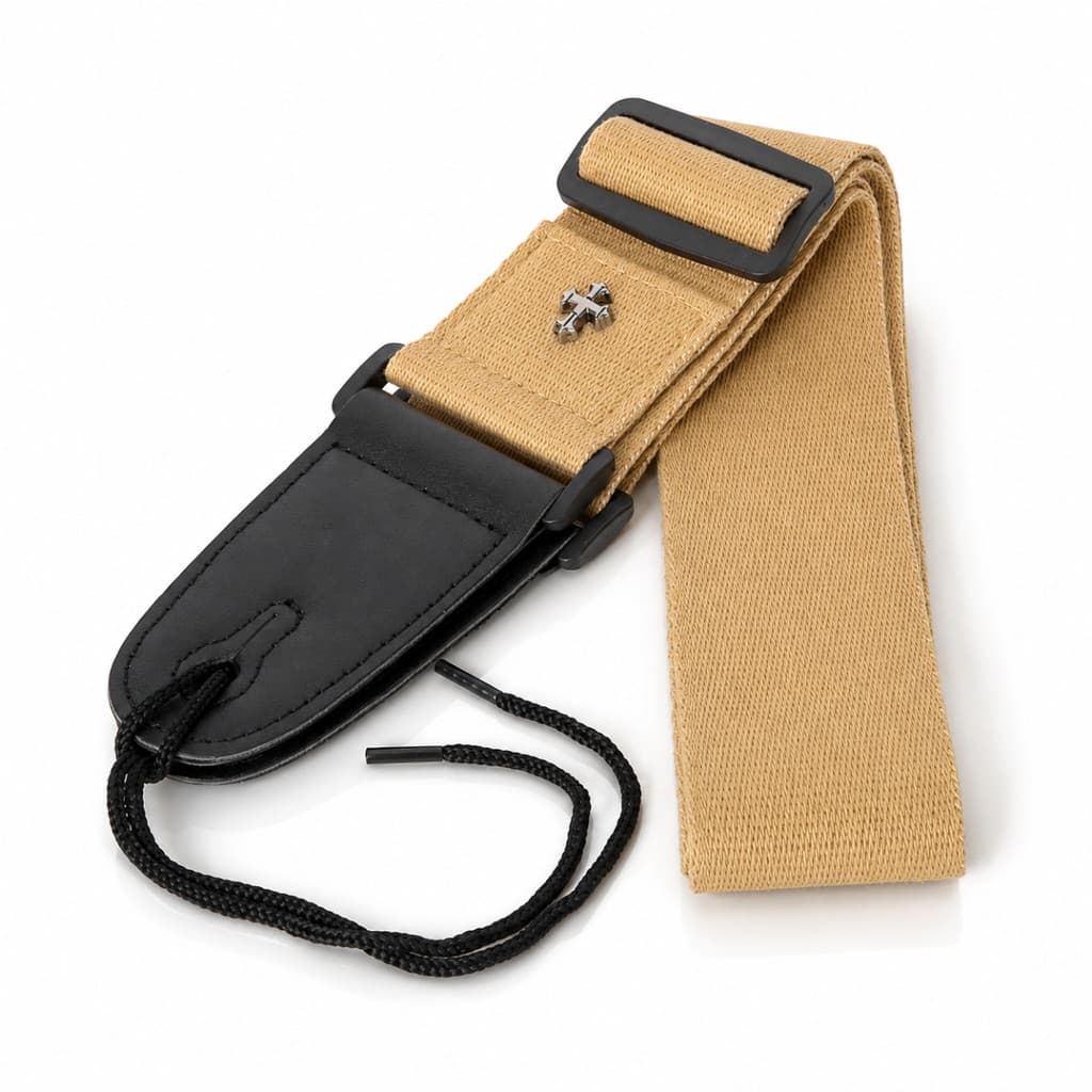 Correia Cristã Marrom Claro Para Violão Guitarra Com Crucifixo Algodão Vintage Com Porta Palhetas