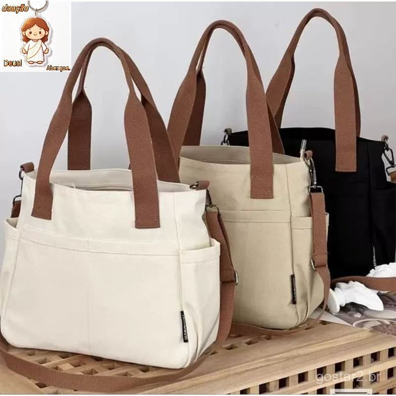 Bolsa de lona espessada com vários bolsos, sacola com zíper, cor sólida, bolsa crossbody para trabalho