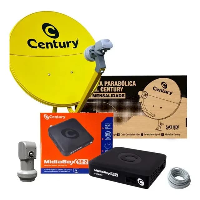 Kit Antena Bipartida Century Ku Com Midiabox SE2, Lnbf E Cabo
