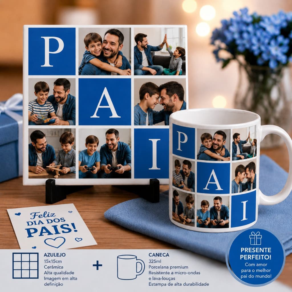 Kit Decorativo Azulejo Dia dos Pais Personalizado com 6 Fotos | Presente | Homenagem | Único e Especial para Pai
