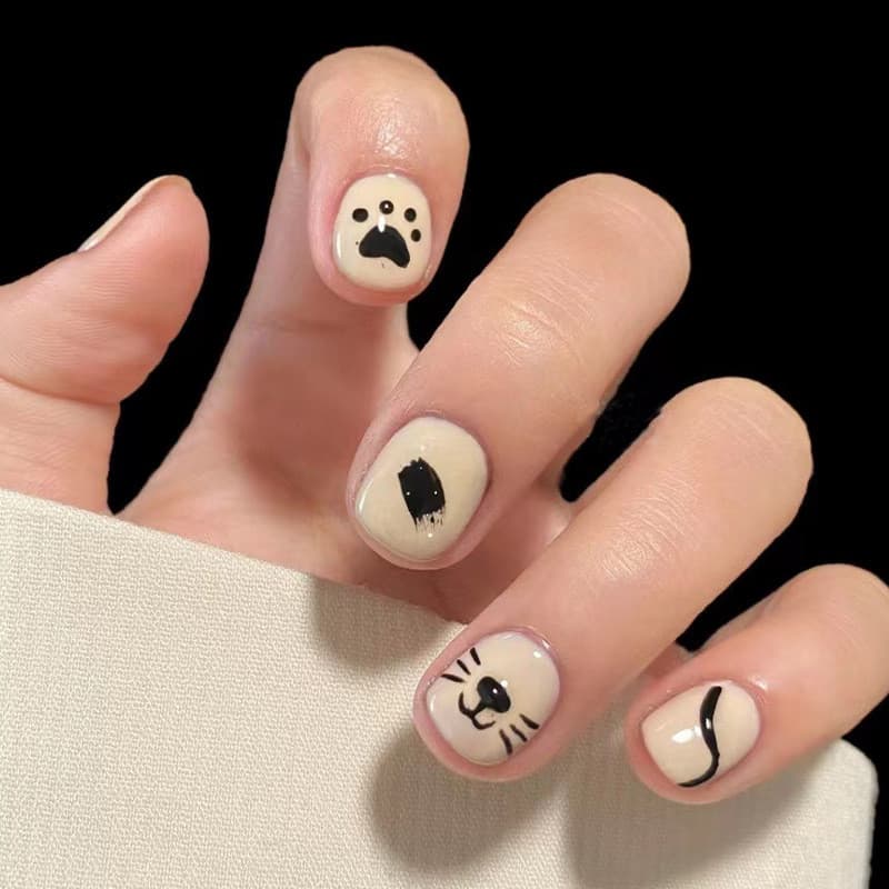 Creme Branco Bonito Gatinho Imprensa Em Unhas Curto Adorável Destacável Reutilizável Dicas De Falsas Para Meninas