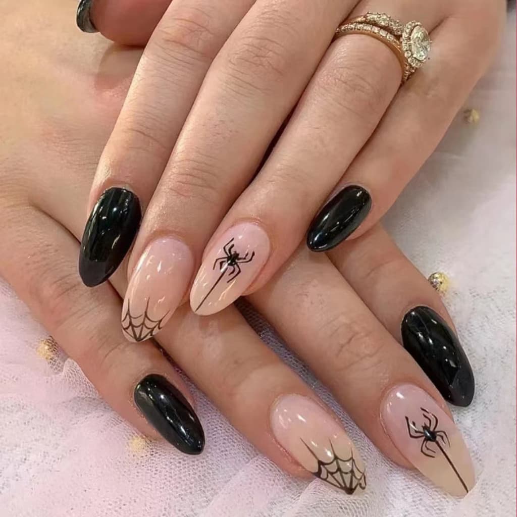 Estilo Gótico Halloween Imprensa Em Unhas Forma De Amêndoa Aranha Preta Design Destacável Dicas De Falsas