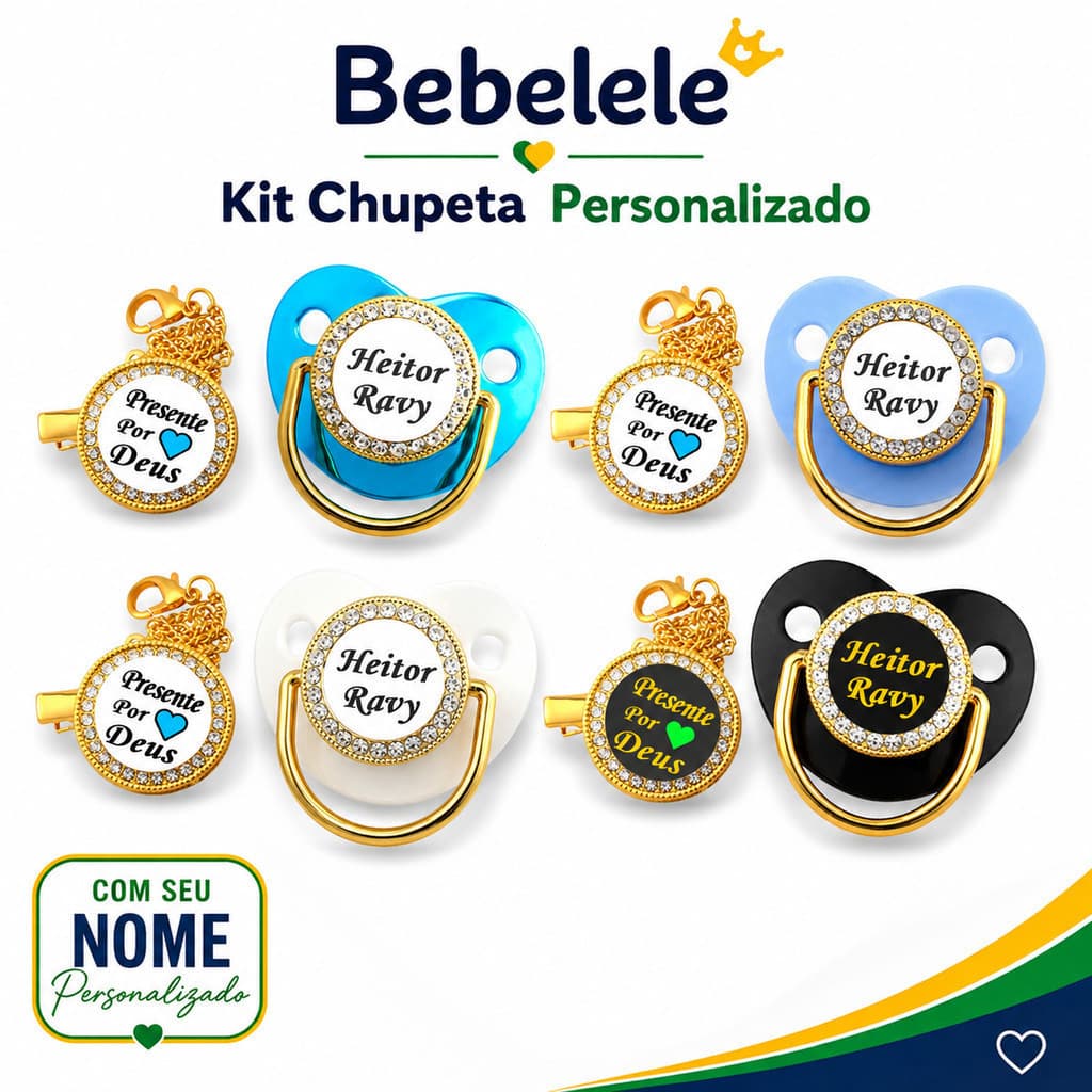 Kit Chupeta Personalizada com Nome e Prendedor de Chupeta para Bebê