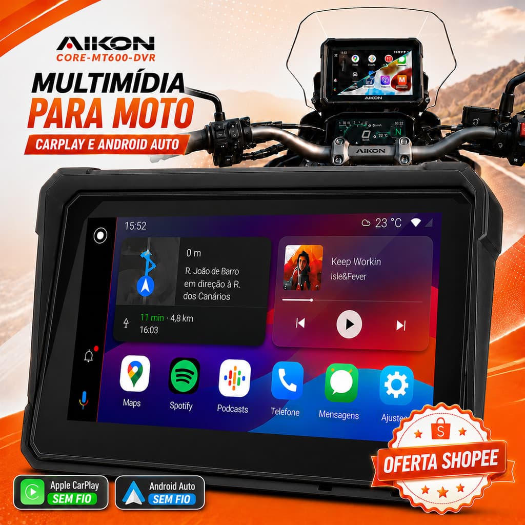 Central Multimídia Moto AIKON 6 Pol CarPlay Android Auto GPS Câmera DVR IPX8 Bluetooth Wi-Fi