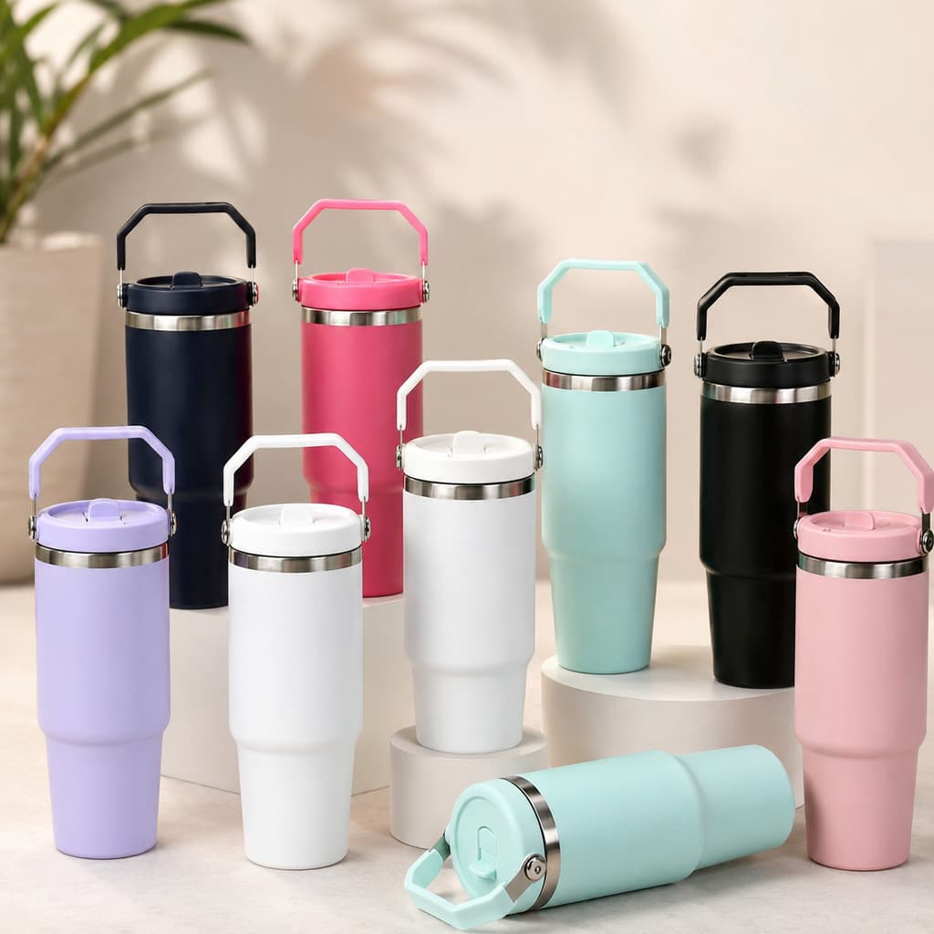 Garrafa Térmica 600ml Inox Com Alça e Bico Flip Garrafa Para Água Café Academia Escritório Viagem