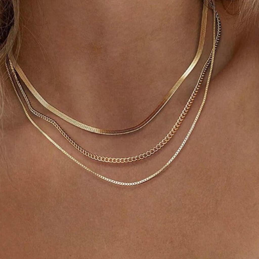 Colar feminino de ouro 18k de 3 camadas, moderno, simples e versátil