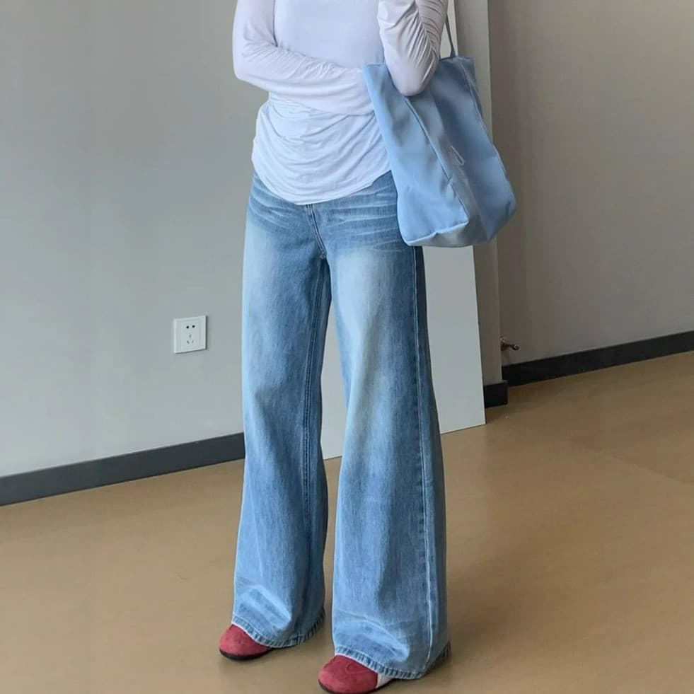 Vinco angustiado Jeans de perna larga feminino verão novo estilo em linha reta solta esfregar calças