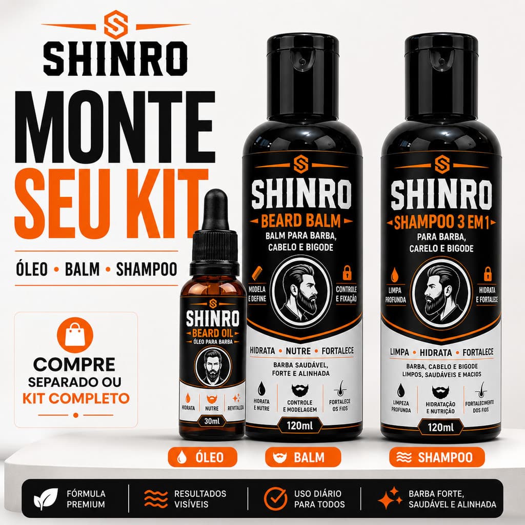 Kit Barba Shampoo 3 em 1 / Oleo / Balm Para Barba Cabelo e Bigode Hidratação e Brilho Monte Seu Kit