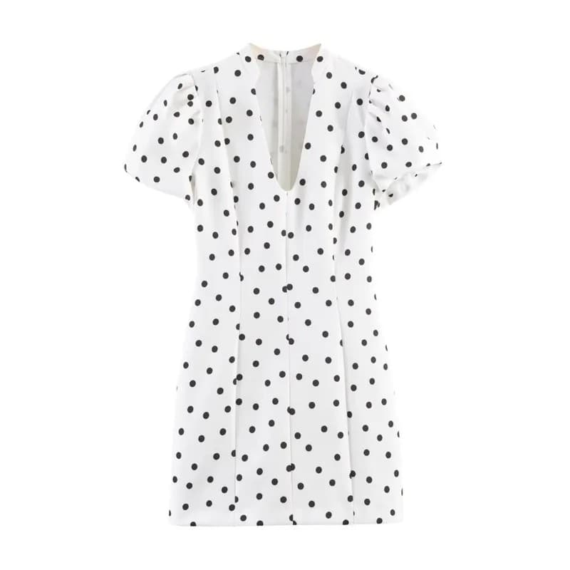 Vestido Curto Feminino de Bolinhas Novo 2026 Primavera Decote em V Manga Curta Bufante Vestido Midi Simples com Zíper Tr