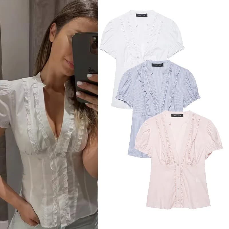 Camisa Simples Feminina com Babados, Nova Coleção Primavera, Estilo Vintage, Decote em V, Manga Curta Bufante, Camisas e