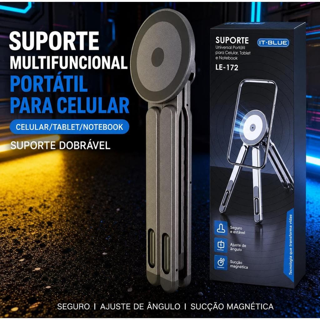 Suporte Magnético Dobrável para Celular, Tablet e Notebook em Liga de Alumínio Ajustável Portátil