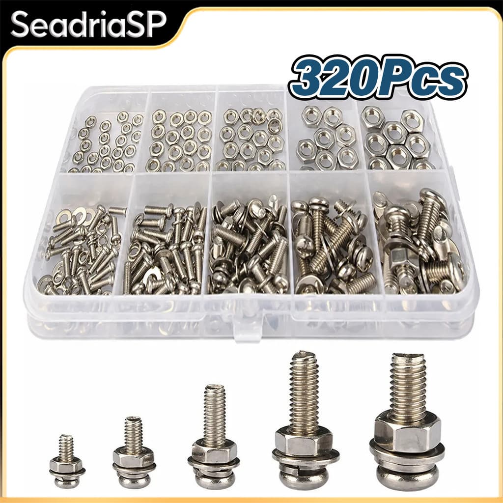 Kit 320 Parafusos Porcas Arruelas Aço M2 M3 M4 M5 Completo em Caixa Organizadora