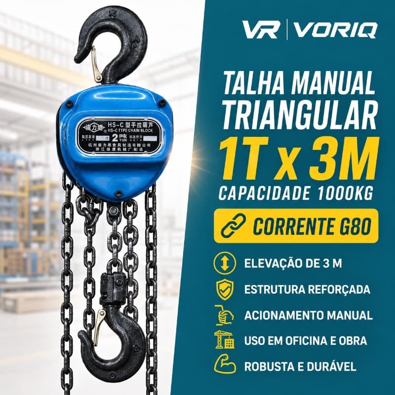 Talha Manual 1 Tonelada 1000kg Corrente 3 Metros De Elevação com Freio Duplo Profissional para Oficina e Construção