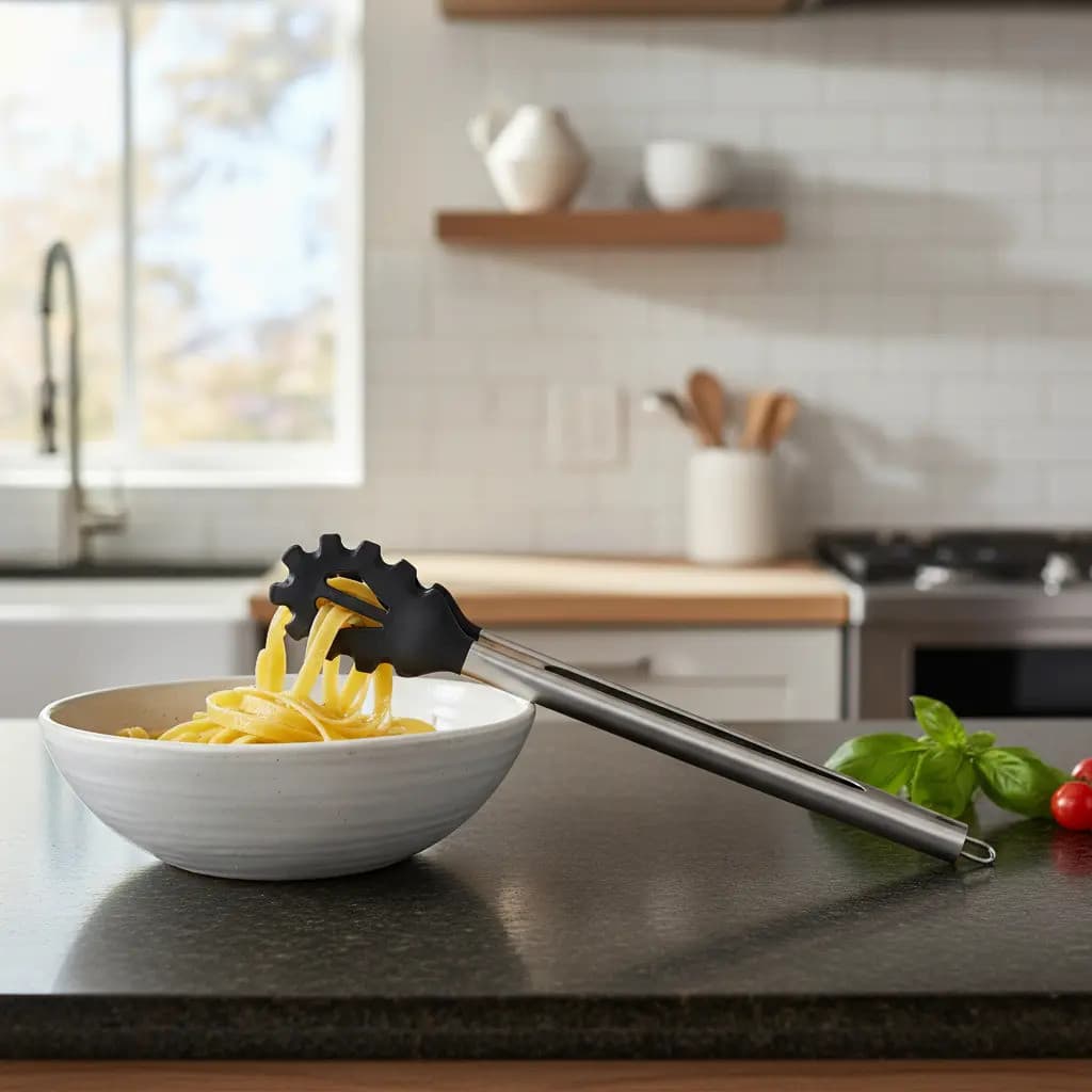 Pegador De Macarrão E Massa De Silicone Cabo Inox 31cm Preto