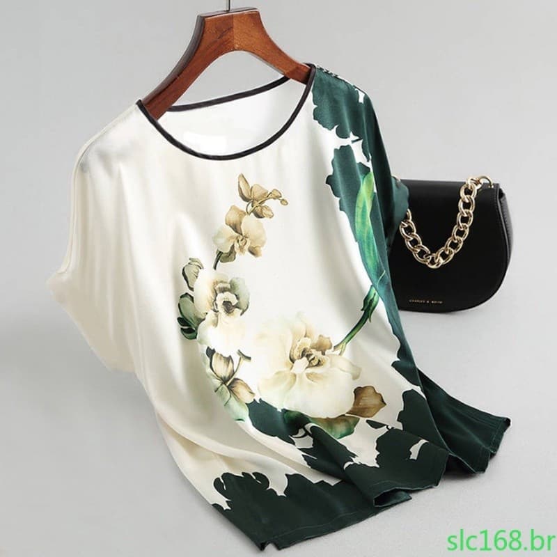 Blusa Básica Feminina com Estampa Floral, Manga Dupla, Camisa Curta de Seda Satinada para Mulheres DDMQ KGS7