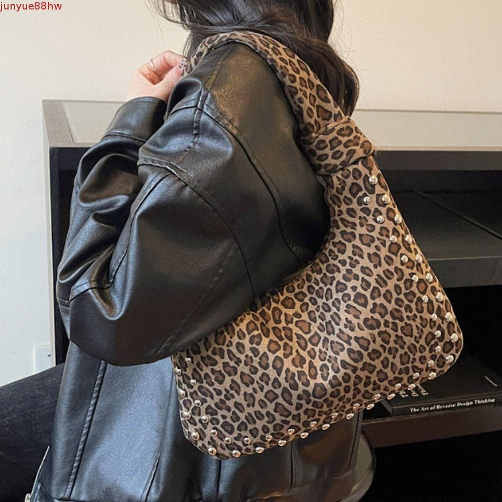 Bolsa De Ombro Com Rebite De Lona JUNYUE , Sacola Vintage Estampa De Leopardo Elegante , Retrô Estilo Preguiçoso Nas Axi