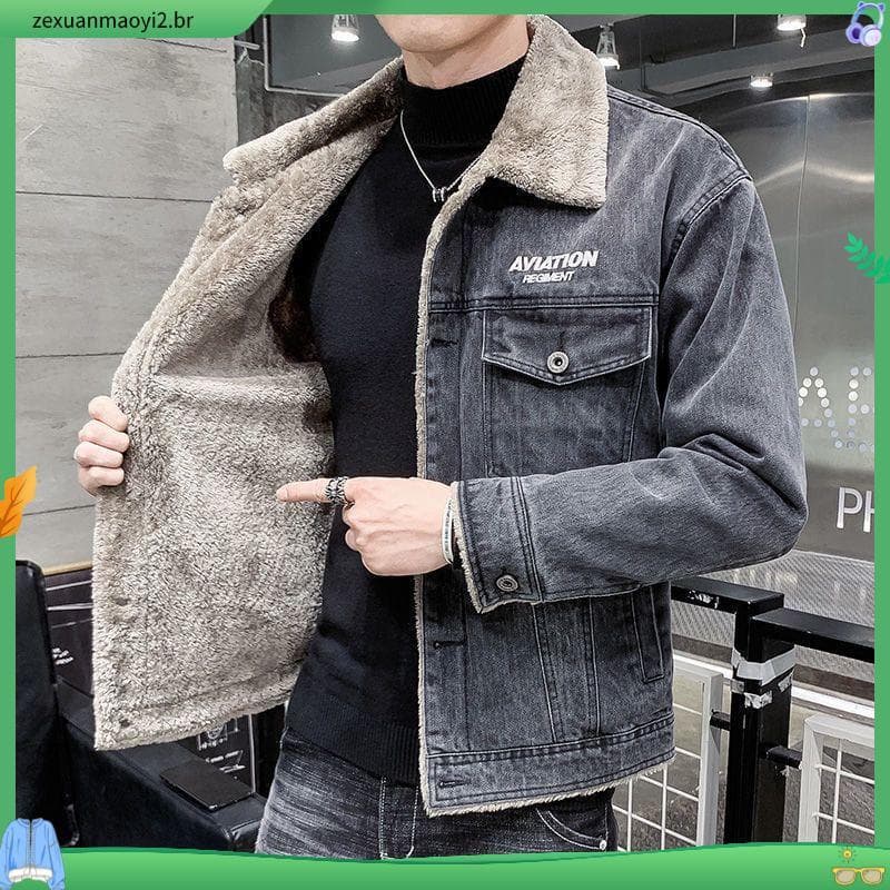 Inverno americano Retro cordeiro forro de lã engrossado quente Denim jaqueta masculina versão coreana solta na moda jaqu
