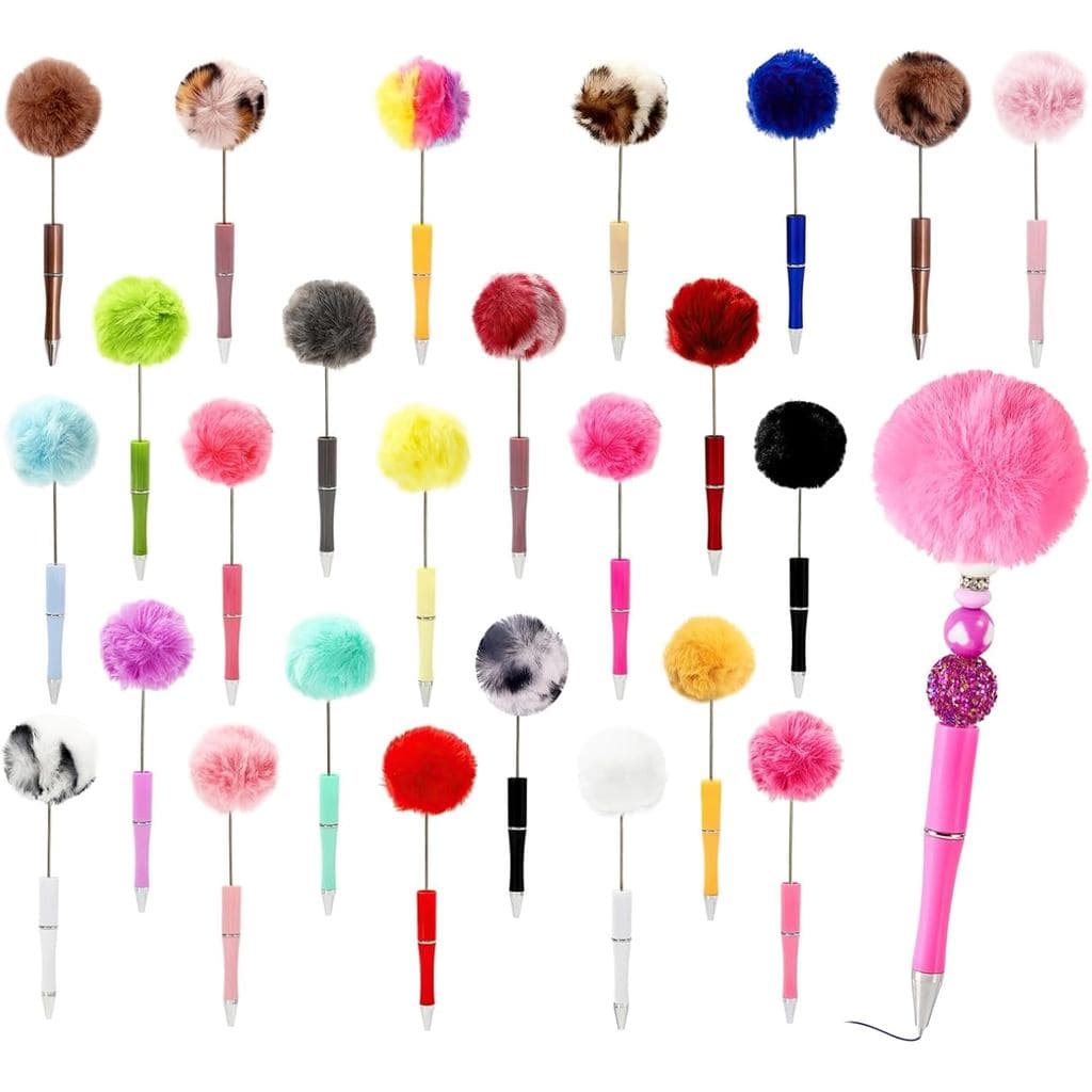 OMISTAR 25 Canetas Felpudas com Miçangas e Pompons – Canetas Esferográficas Felpudas com Miçangas para DIY, Corpo Metáli