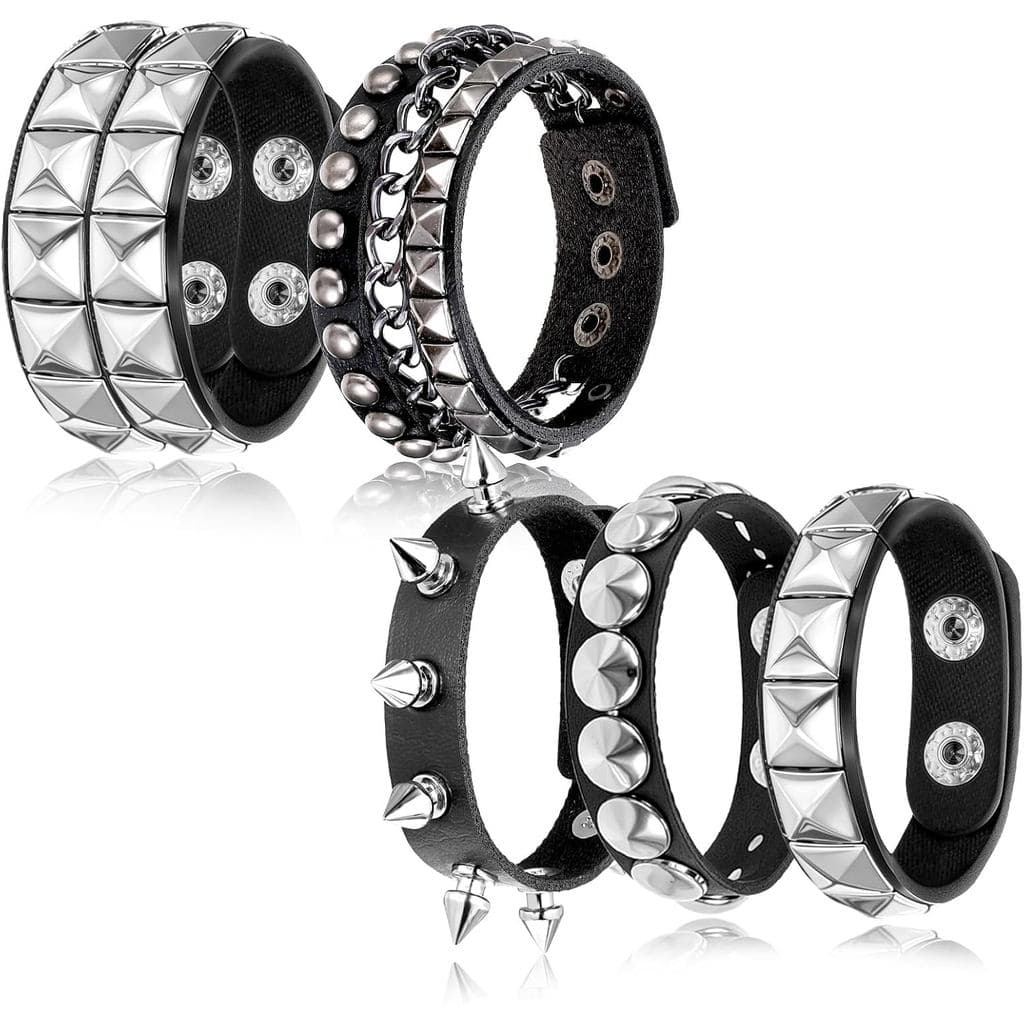 Gjinxi 5 Peças Pulseira Punk Rock com Tachas, Pulseiras com Espigões, Pulseira de Couro Preto com Rebites e Tachas, Puls