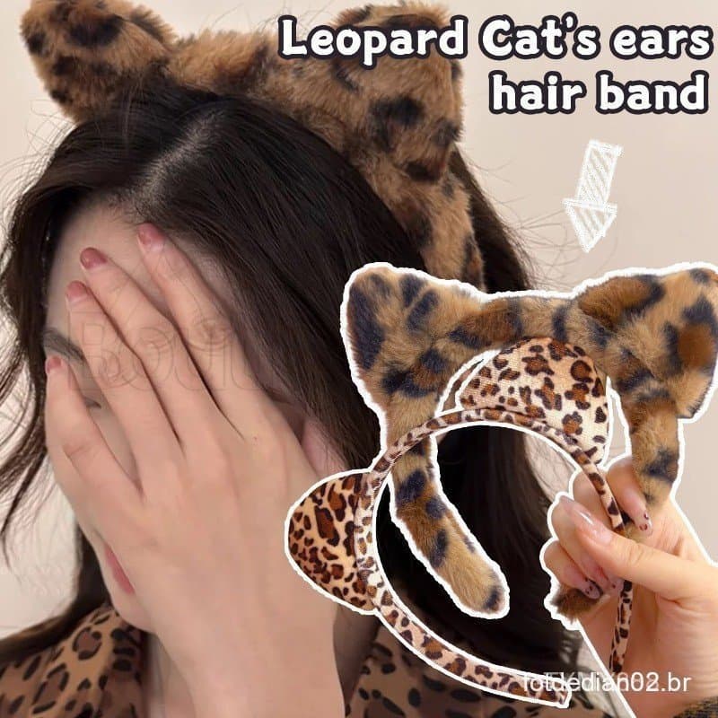 Tiara Vintage com Estampa de Leopardo – Acessório de Cabelo com Orelhas de Gato de Pelúcia