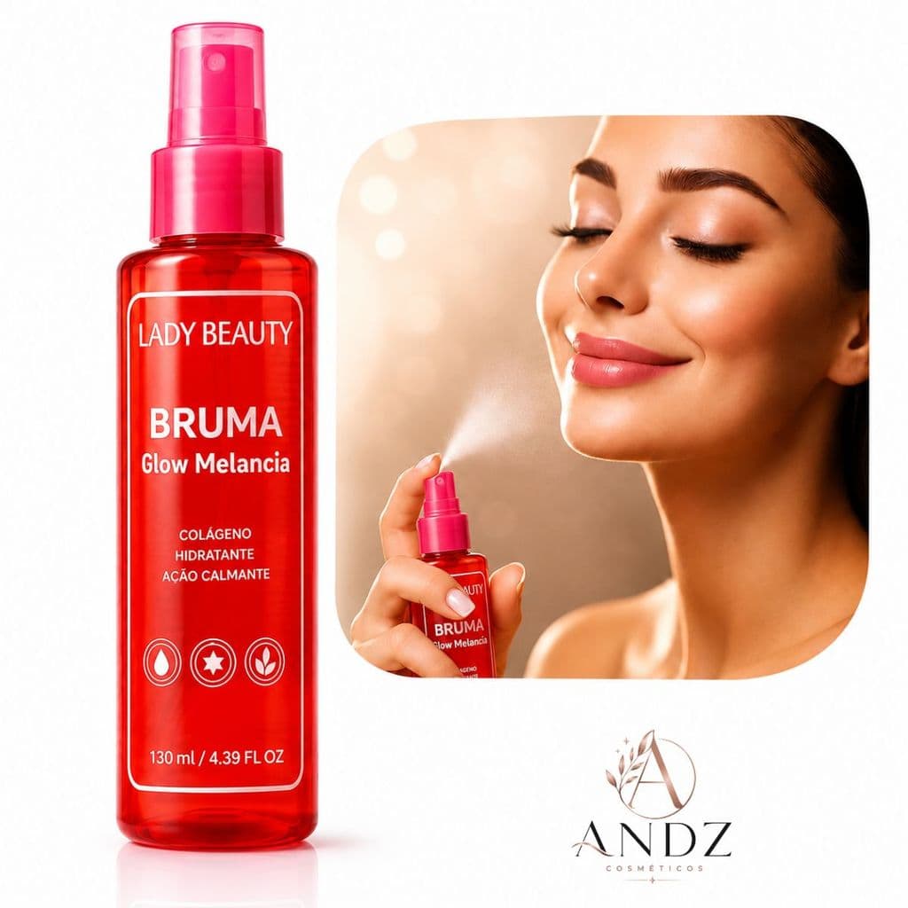 Bruma Facial Melancia Lady Beauty 130ml Fixador Glow Hidratante Colágeno Maquiagem