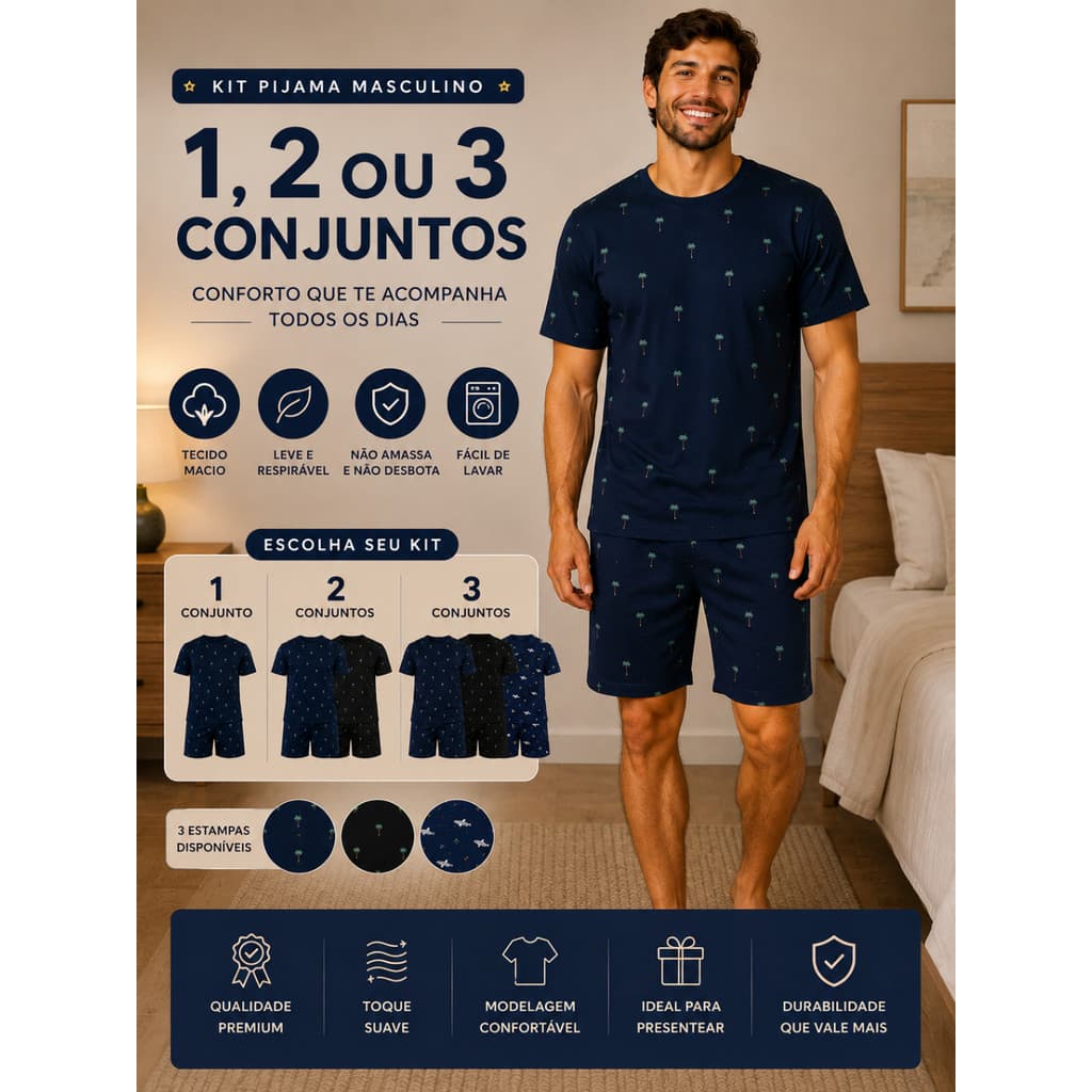 Pijama masculino shorts e camiseta suede premium