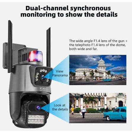 Câmera de segurança externa lente dupla 4K 6MP com alarme policial