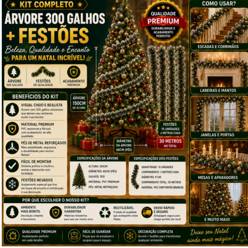 Kit Árvore de Natal 150cm 300 Galhos + Festão Verde ou Nevado 2M | Kits com 5, 10 ou 15 Festões (10M, 20M e 30M) | PVC P