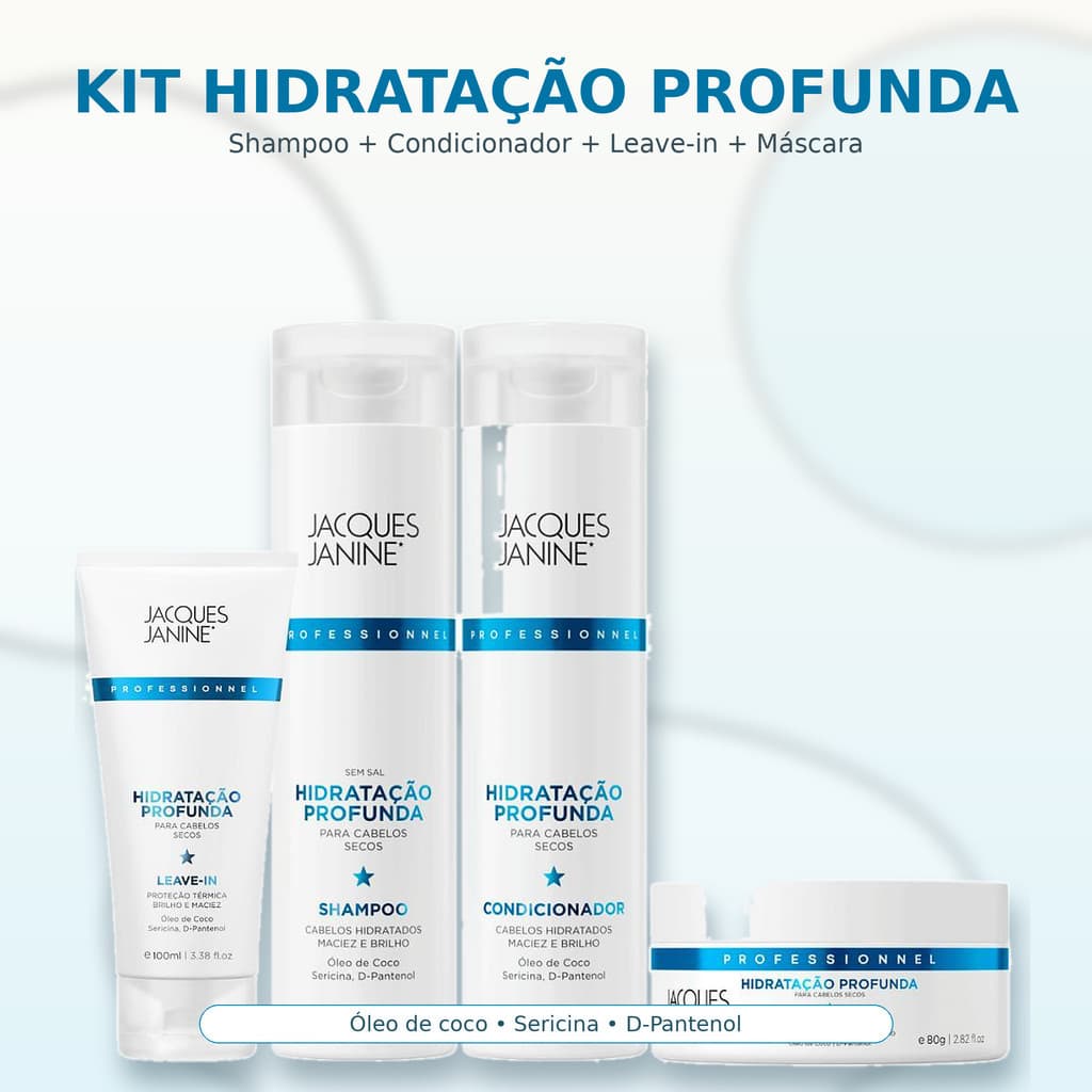 Kit Shampoo + Condicionador + Leave In + Máscara Hidratação Profunda Jacques Janine