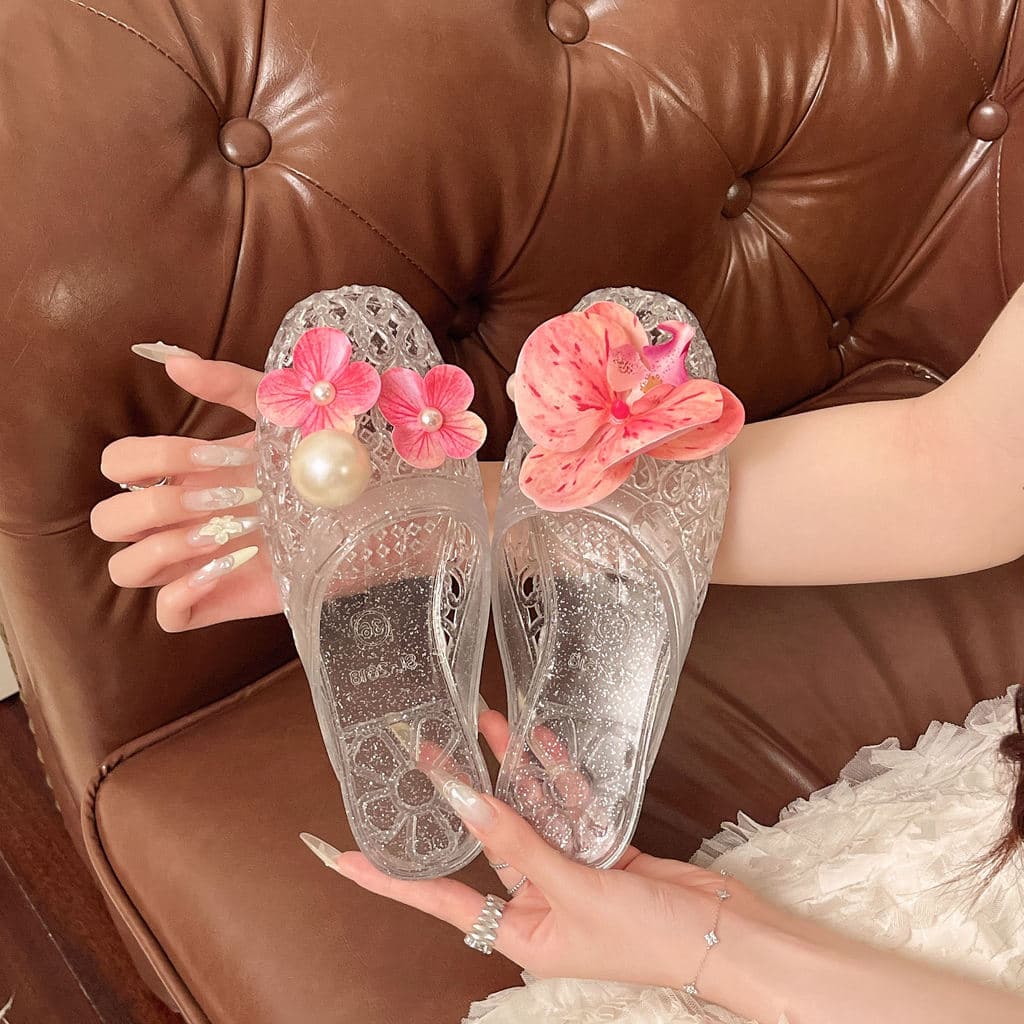 Flor sapatos de cristal geléia sola macia meia chinelos exteriores cobertos sapatos planos transparentes