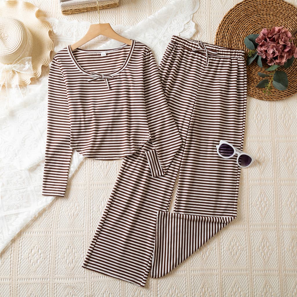 Crianças Meninas Listra Conjunto De Sono Arco Manga Longa Camisa Calças Com Cordão Casa Wear 6-12 Anos Casual 2 Peças