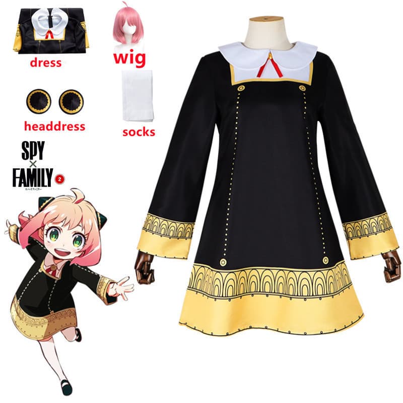 Fantasia de Cosplay Anime Spy Family Anya Forger para Crianças, Vestido Preto Kawaii para Festa, Peruca OL03