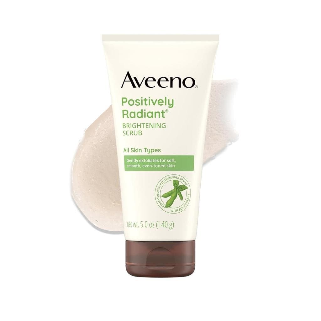 Creme Esfoliante Facial Diário Aveeno Radiant Glow, fórmula suave, rica em extrato de soja, proporciona um efeito hidrat
