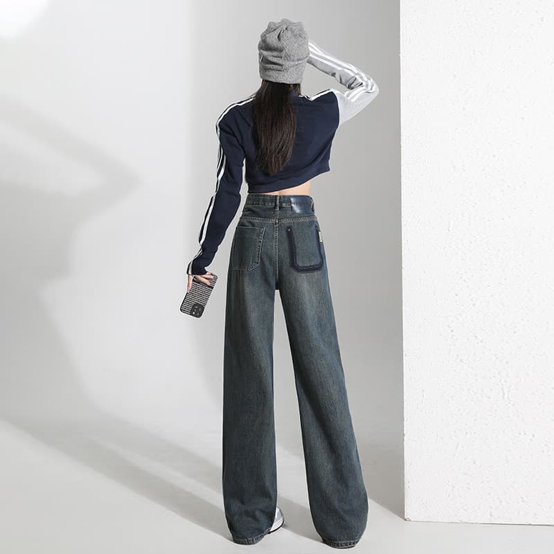 Contraste cor jeans cintura alta calças largas perna feminina outono solto estreito perna larga jeans feminino outono fo