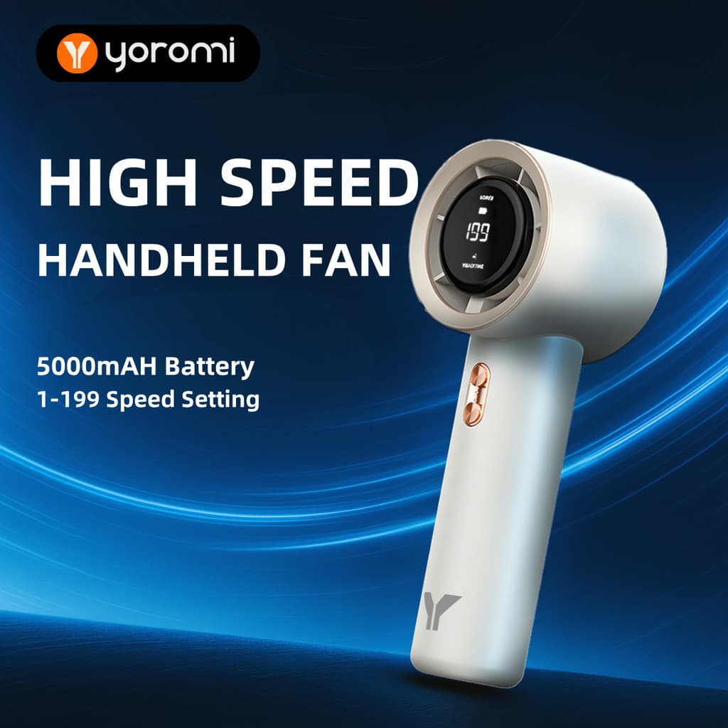 Ventilador Portátil YOROMI de 199 Velocidades, Resfriamento Turbo, Recarregável por USB, Mini Ventilador Digital com LED