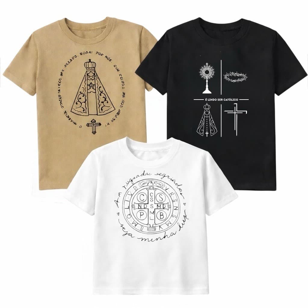 Kit 3 Camisetas Unissex Nossa Senhora Aparecida Medalha São Bento Religioso Católico | 100% Algodão