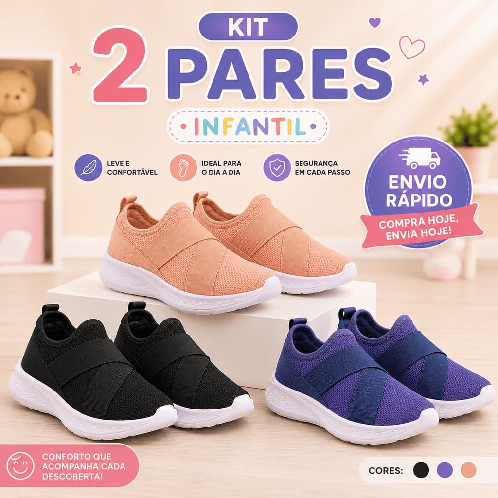 Kit 2 Pares Tênis Infantil Dia a Dia Menino Menina Calce Fácil Macio Leve Respirável Casual Resistente
