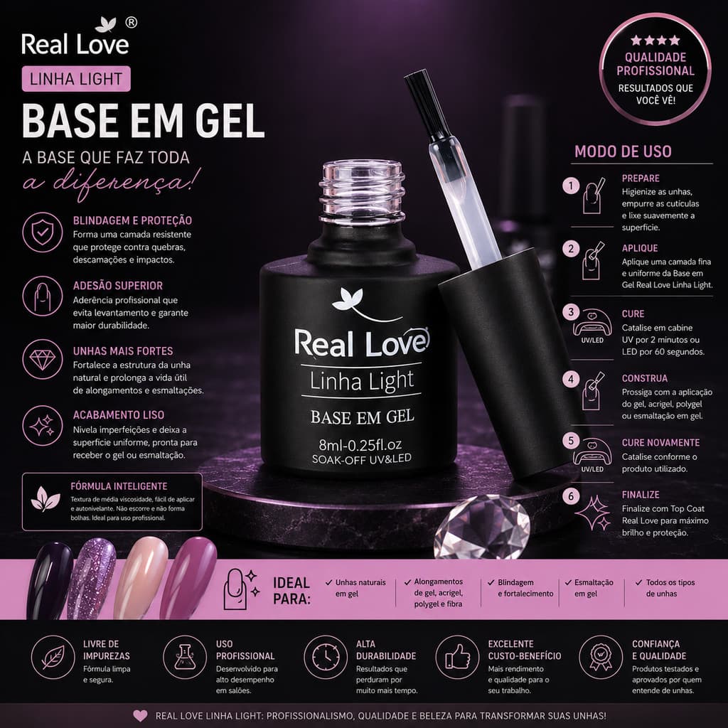 Base em Gel Real Love Linha Light 8ml UV/LED para Alongamento de Unhas | Base Coat Profissional para Nail Designer