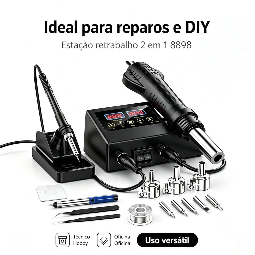 Kit Estação de Solda 2‑em‑1 8898 600W Bivolt Tela Dupla Ferro Soldar e Ar Quente Reparo Eletrônico PCB e Celulares