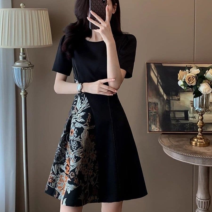 [Novo produto] Vestido estampado saia verão retrô manga curta estilo Hepburn saia longa [venda quente]