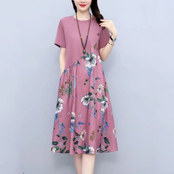 2026 novo estilo vestido de manga curta feminino verão Retro impresso cobrindo carne mais magro olhar solto Casual meado