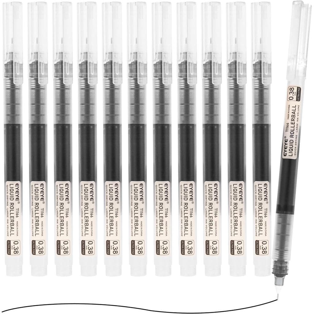 Canetas Rollerball EYEYE com Ponta Preta de 0,38mm, Pacote com 12 Canetas de Ponta Ultra Fina de Secagem Rápida, Canetas