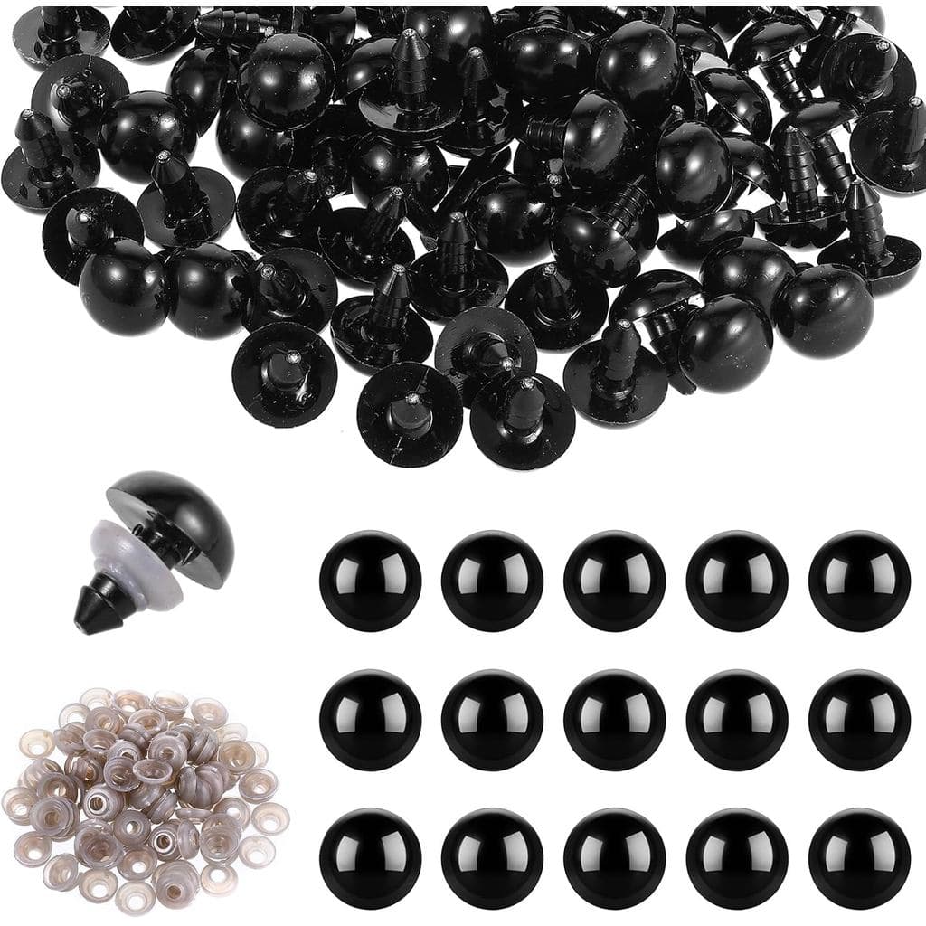Bewudy 100 peças de olhos de segurança de plástico preto de 15mm com arruelas, olhos de segurança para crochê, para ursi
