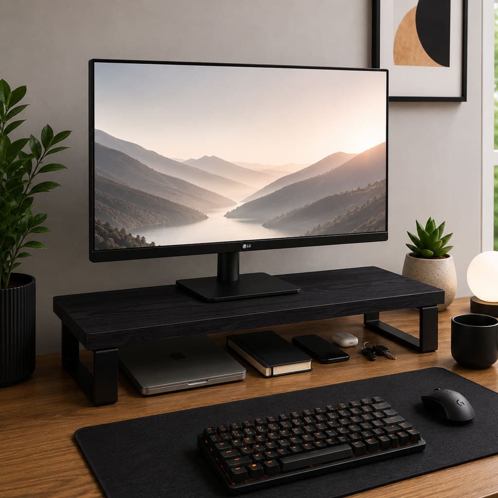 Suporte para Monitor Stand 60x22cm MDF Preto Base Elevada Setup Gamer PC Escritório Home Office Mesa Organização Premium